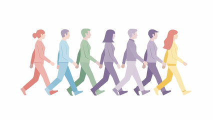 Diverse group of people walking together in a line representing unity and teamwork.