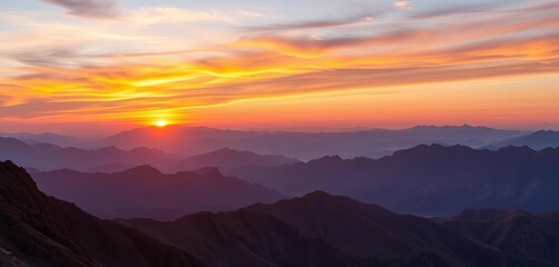 Majestic mountain range under a vibrant sunset sky, amazing, hills