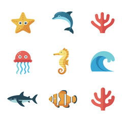 Marine life icon collection, dolphins fish coral starfish waves, ocean wildlife celebration elements, clean flat vector illustration