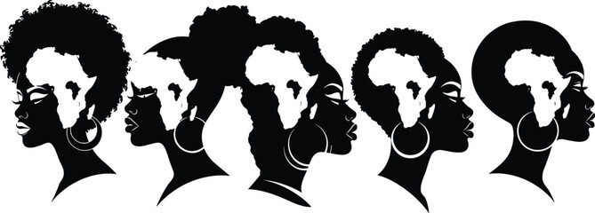 African women silhouettes with continent-shaped hairstyles, cultural pride and heritage illustration in black-and-white profile composition