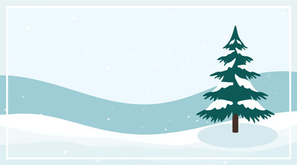 Vector illustration template featuring a serene snow-covered background with a prominent pine tree element in a flat design style, incorporating a palette