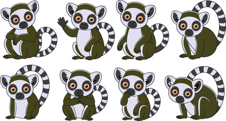 Cute cartoon lemur character set featuring multiple poses and expressions, adorable ring-tailed lemur illustrations for kids, wildlife art and educational designs © Mst