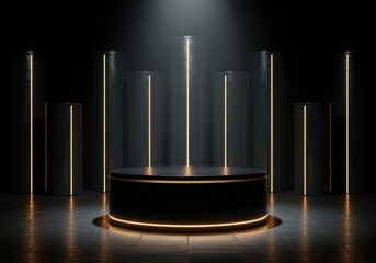 Black cylindrical platform with gold neon light trim and vertical column lighting: Dramatic luxury product showcase.