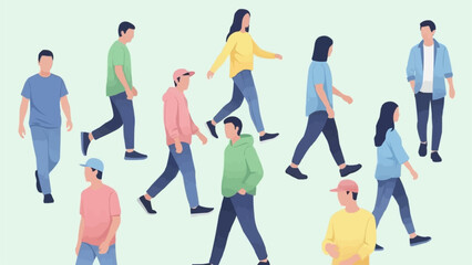 A diverse group of illustrated young people walking in various directions.