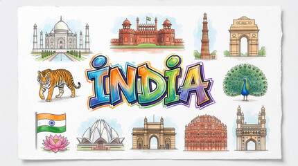 India landmarks collage illustration with famous architecture and travel icons