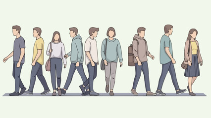 Diverse group of young adults walking in a line, showcasing various casual styles.
