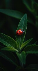 Fototapeta premium A vibrant red seven-spotted ladybird insect traverses lush, deep green foliage, resting peacefully among the intricate details of the natural herbage ,peaceful ,vivid ,spot