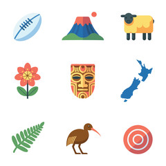 Geographic culture illustration set, islands mountains animals symbols, regional identity celebration elements, modern flat vector design