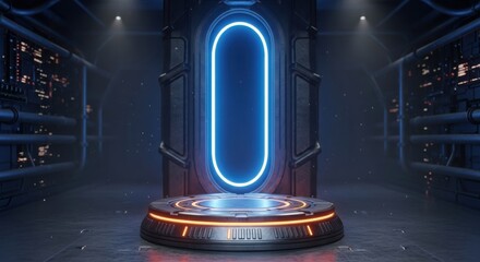 Futuristic dark metallic interior with glowing blue portal and neon rings on stage: High-tech virtual product launch.