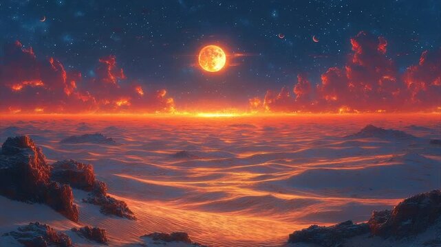 Majestic sunset over a frozen landscape with celestial bodies. Fiery clouds and starlit sky