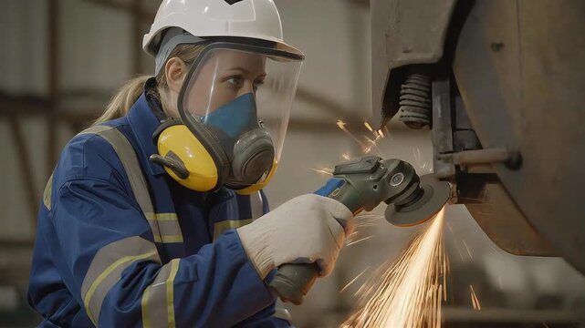 A worker in full thermal PPE and a large face shield performs a tapping operation with heavy slag in a high-temperature industrial environment.