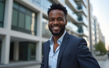 Stylish modern african american business man, handsome smiling portrait next to financial building. High quality