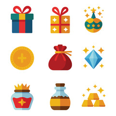 Holiday gift and prosperity icon collection featuring presents coins ornaments jars, joyful festival celebration elements, clean flat vector illustration