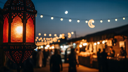 Illuminated Moroccan lantern at a bustling night market with string lights glowing