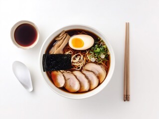 A bowl of Japanese ramen topped with a soft-boiled egg, sliced beef.