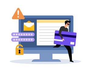 Online scam via computer concept. Hacker attack on computer vector illustration. Cybercrime.