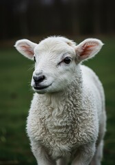 Naklejka premium Adorable close-up portrait of a young white lamb standing outdoors, showcasing its exceptionally thick, soft, and tightly curled wool fleece texture ,soft ,texture ,woolly