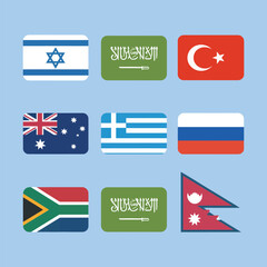International national flag icon set featuring Israel Saudi Arabia Turkey Greece Australia Russia, clean modern flat vector illustration