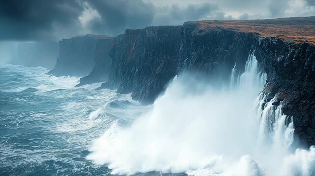 Coastal cliffs are lashed by waves, a storm brewing with dramatic sky