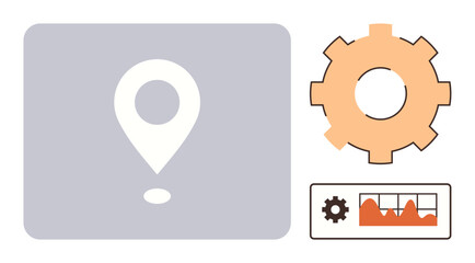 White location pin, orange gear, and small graph monitor with performance chart. Ideal for strategy, technology, efficiency, analytics, navigation, planning operations simple flat metaphor