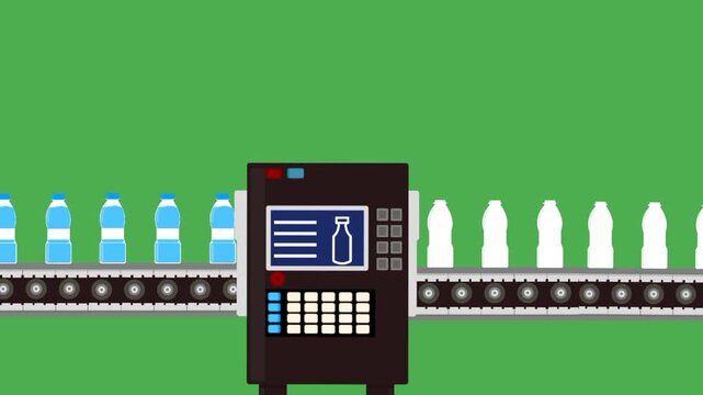 Animated empty plastic bottle entering conveyor belt machine and exiting filled with green screen background. Industrial beverage filling process concept.