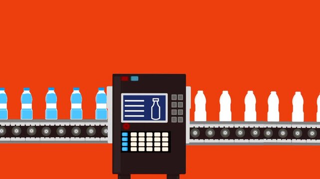 Animated empty plastic bottle entering conveyor belt machine and exiting filled. Clean beverage production workflow. Industrial drinking water process concept.