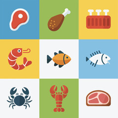 Food ingredient and protein icons grid, meat fish shrimp crab sausage grocery cooking flat vector illustration collection