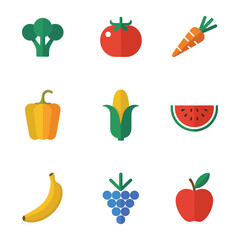 Fresh fruits and vegetables icons collection, broccoli tomato carrot banana apple grape flat vector illustration for healthy food concepts