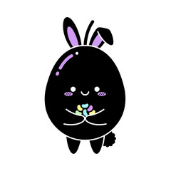 Adorable black bunny character vector illustration holding a handful of vibrant colorful jelly beans isolated on white background