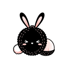 Black fluffy rabbit character cartoon vector illustration with pink ears and cheeks isolated on white background