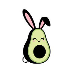 Cute avocado fruit vector character with bunny ears and a fluffy tail celebrating Easter isolated on white background