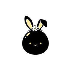 Cute black bunny character vector illustration with yellow ears and a small flower isolated on white background