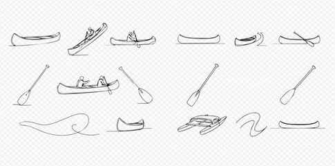 Set of hand-drawn canoe and paddle sketches, illustrating various boating activities and water recreation.