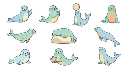 Obraz premium Cute Sea Lion Vector Set. Funny Marine Mammal Characters in Various Poses. Cartoon Animal Playing Ball, Holding Starfish, Waving and Sleeping for Sticker or Icon