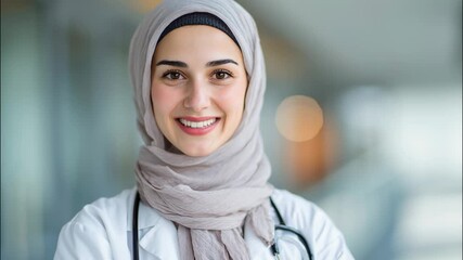 Muslim woman doctor in hijab smiling while standing in hospital hallway - Powered by Adobe