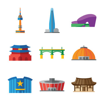 Seoul skyline flat vector icon set. South Korea landmarks including N Seoul Tower, Lotte World Tower, Gyeongbokgung, DDP, National Assembly and stadium in geometric style