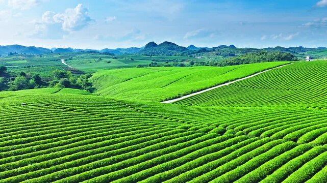 Aerial shot of green tea plantation on rolling hills with road under blue sky 
