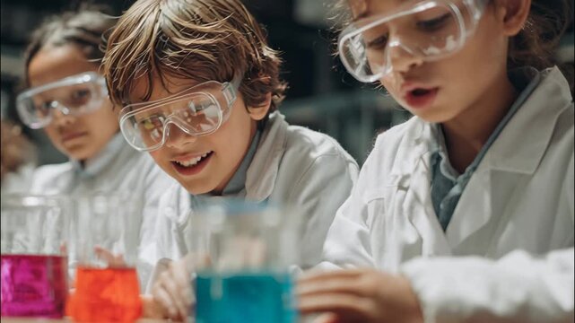 Children in white lab coats and safety goggles conducting experiments with colorful liquids at school  