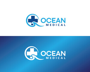 abstract circular sea waves with plus medical logo design template