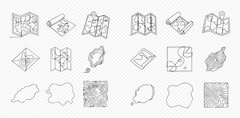 Collection of various outline map icons for travel, navigation, and location services.