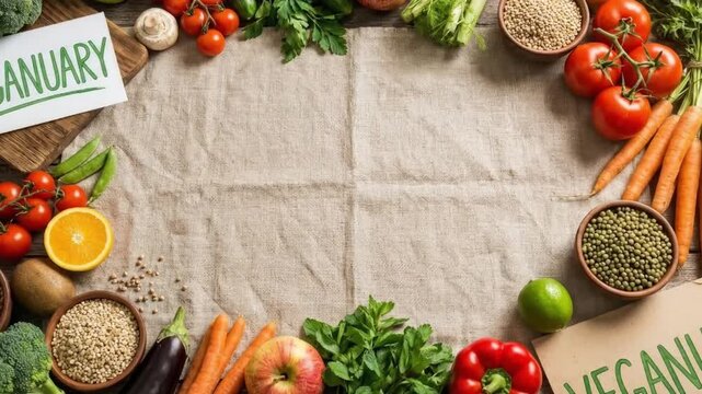 A beautifully arranged flat lay showcases a diverse array of colorful, fresh vegetables, fruits, and wholesome grains, including vibrant broccoli, ripe tomatoes, crisp carrots, and various legumes in 