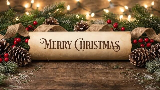 A beautifully arranged holiday scene featuring a vintage parchment scroll with the words 'MERRY CHRISTMAS' elegantly inscribed. The rustic wooden background sets a warm, traditional tone, complemented