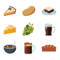 Traditional Irish food and drink icons set, cheese grapes bread stew cake beverage festive flat vector illustration