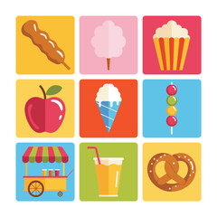Obraz premium Carnival food and snack icons set, popcorn candy apple ice cream pretzel street food flat vector illustration