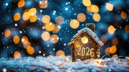 Festive Snow-covered House with Illuminated 2026 Sign and Bokeh Lights in Winter Scene