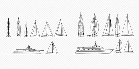 Set of hand-drawn boat and yacht sketches, including sailboats, motor yachts, and speedboats, for maritime design.