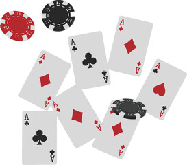 Casino Poker Cards and Chips Falling Vector Aces of All Suits and Gambling Tokens Scattered on a White Background for Game Night and Betting Design.
