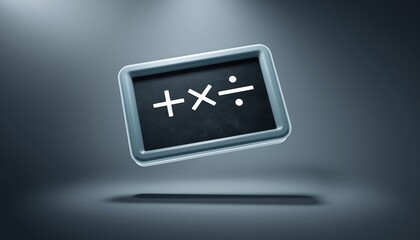 3D floating chalkboard icon with simple math symbols and a smooth plastic frame under bright, clean studio lighting, perfect for education and learning themes.