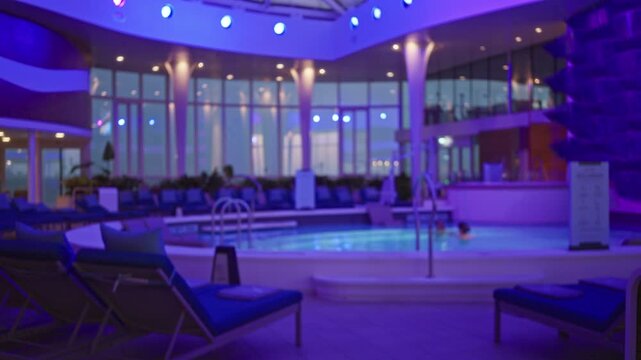 Indoor spa pool with soft bokeh blurred background interior and lounge chairs; background backplate copyspace calm.