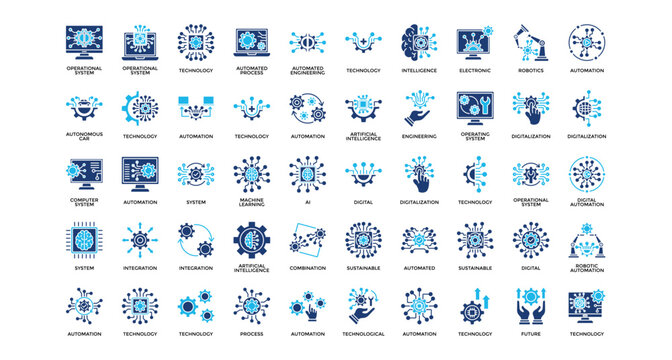 Automation icon set collection. Containing operation, arrows, intelligence, brain, operating, future, software .Solid vector icons collection
